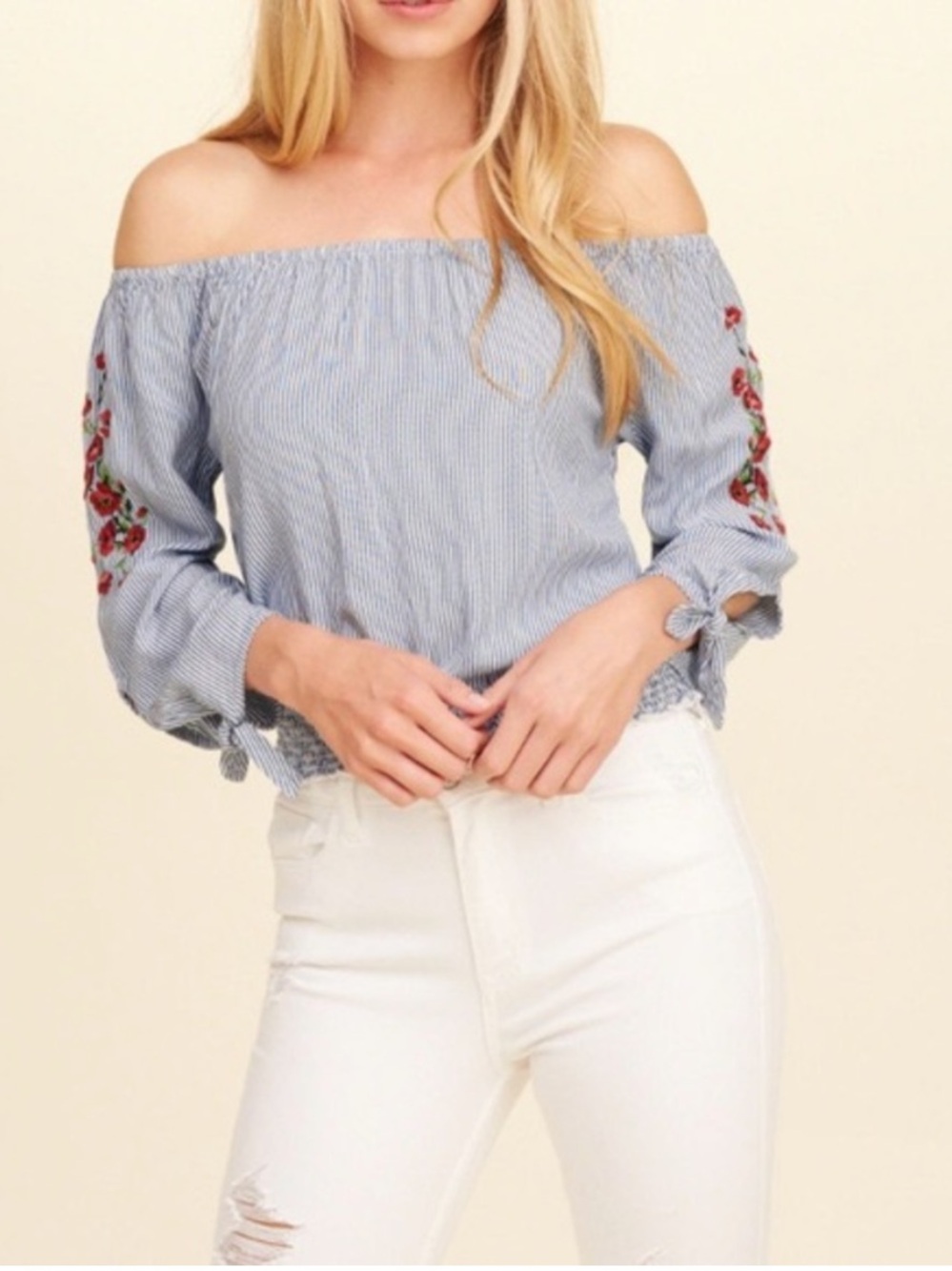 Hollister Women’s Blue White Striped Off-Shoulder Embroidered Smocked Blouse M